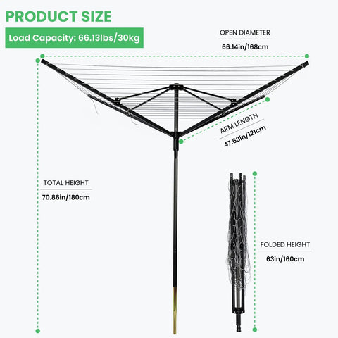 Outdoor Clothes Drying Rack With 4 Aluminum Arms Folding Rotary Dryer dimensions and size details in product image