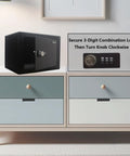 Compact 3 Digit Combination Safe Box With Steel Lock on cabinet, showing lock details, 0.23 Cu Ft Capacity, Black