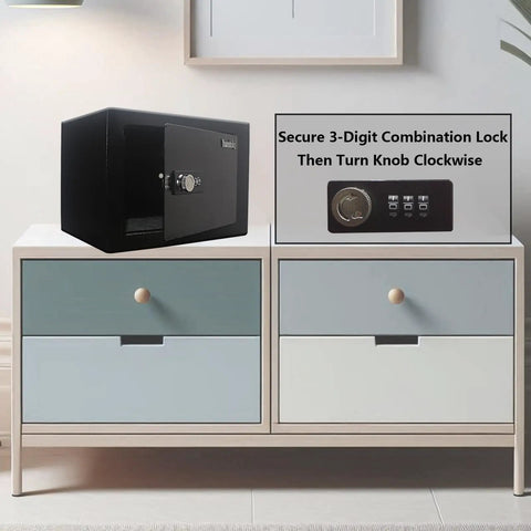 Compact 3 Digit Combination Safe Box With Steel Lock on cabinet, showing lock details, 0.23 Cu Ft Capacity, Black