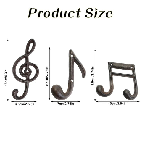 3 Piece Music Note Cast Iron Wall Hooks For Hanging Your Coats Hats And Totes Pretty Sweet Decorative Heavy Duty Coat Rack With Screws For Porch Vintage Style Easy Install Wall Mounted Organizers For Living Room size details on a white background