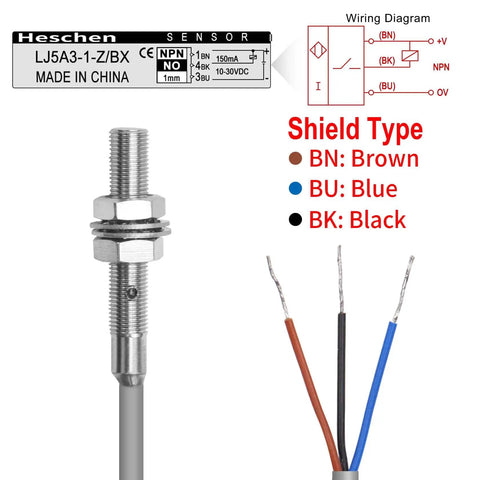 Inductive Proximity Sensor Shield Type LJ5A3 1mm Sensing Distance NPN Normally Open 3-Wire, 10-30V DC, with wiring diagram