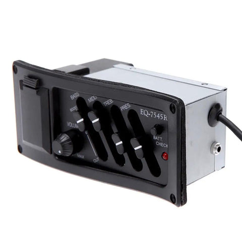 Four Band Piezo Acoustic Guitar Preamp With Built In Equalizer And Tuner Under Saddle Pickup for loud clear tone, side view.