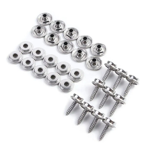 Badass Quality 30 Piece Canvas Snap Fastener Kit With Hella Durable Five Eighth Inches Stainless Steel and Solid Copper Parts Ideal For Gnarly Tents Boats Camping And Heavy Duty Leather DIY Projects, featuring steel sockets and screws.