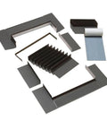 Genuine Low Profile Skylight Flashing Kit With Heavy Duty Adhesive Underlayment Sleek Gray Exterior for Deck and Curb Mount O2 Through O8 installation parts.