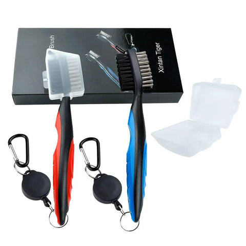 Tiger Pack Of 2 Golf Club Brush Groove Cleaner With Retractable Zip Line And Aluminum Carabiner on black packaging
