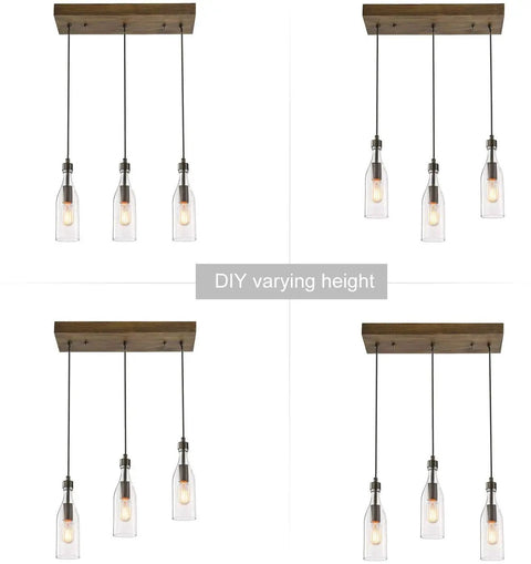 Three Light Wooden Pendant Light With Height Adjustable Clear Bottle Glass Shades, showcasing height variations.