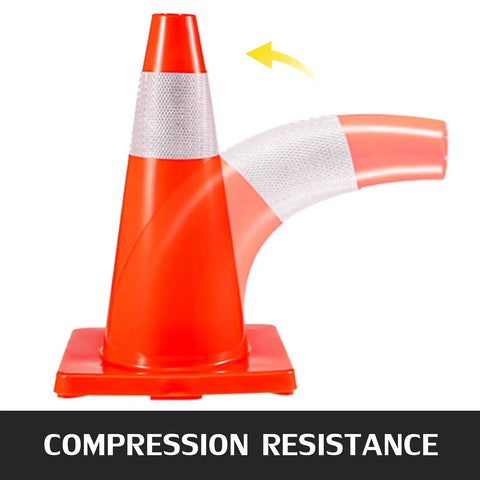 Compression resistant 20 Pack 18 Inch Orange Traffic Cones With Reflective Collars And Durable PVC Base Perfect For Construction Sites Road Work Parking Hazards At Home Weather Resistant showing bending flexibility.