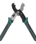 Get Your Hands On This Badass 8-Inch Wire Stripper And Crimping Tool Made From Tough High Carbon Steel That Will Not Rust Or Break Easily Perfect For Demolishing Cables Fast With Professional Grade Cutting Precision Ideal For Gritty Diy Projects And - front view of steel wire stripper with green and black grips.