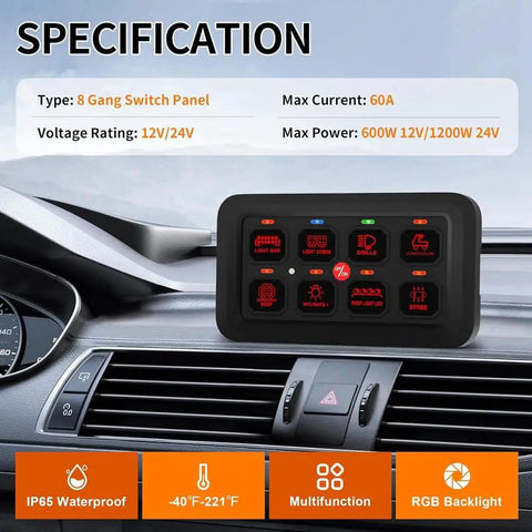 Dashboard view of 8 Gang Switch Panel RGB LED Light Switch Panel Multifunction Toggle Momentary Pulsed Touch Control Switch Pod Box