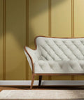Snazzy Farmhouse Stripe Gold Metallic Wallpaper For Living Rooms Featuring Durable Fibrous Finish With Eco Friendly Paste The Wall Setup, close-up of accent wall with gold stripes.