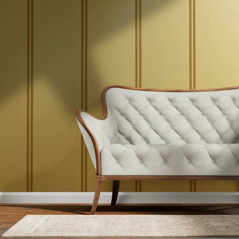 Snazzy Farmhouse Stripe Gold Metallic Wallpaper For Living Rooms Featuring Durable Fibrous Finish With Eco Friendly Paste The Wall Setup, close-up of accent wall with gold stripes.