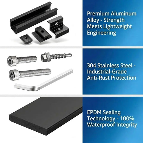 Rock Solid Solar Panel Mounting Kit components: aluminum alloy parts, stainless steel screws, EPDM sealing technology for waterproof integrity.