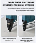 Heavy Hitter Cordless 2 In 1 Brad Nailer And Staple Gun showing single shot and burst function on a flat surface.