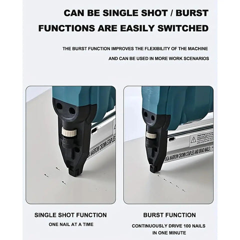 Heavy Hitter Cordless 2 In 1 Brad Nailer And Staple Gun showing single shot and burst function on a flat surface.