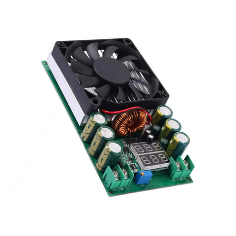 600W Step Down Voltage Regulator Module With Built In Cooling Fan For Industrial And Electronics Projects Handy Adjustable Output Rock Solid Overcurrent And Overtemperature Protection Short Circuit Safeguards Stable Efficient Power Supply Board top view