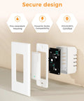 Exploded view of 4 Pack Smart Light Switch With Neutral Wire Required Works With Apple HomeKit Alexa And Google Home No Hub Needed 120V AC 2.4GHz Wi Fi Hands Free Voice Control And App Remote Control White showing secure design features like fire-retardant housing and certifications.