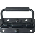 Hella Sturdy Black Spring Loaded Folding Carry Handle With Slick Rubber Grip Heavy Duty Surface Mount Brackets For Toolboxes Battery Boxes And Custom Speaker Cabs, top view.