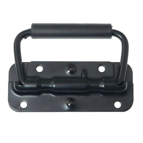 Hella Sturdy Black Spring Loaded Folding Carry Handle With Slick Rubber Grip Heavy Duty Surface Mount Brackets For Toolboxes Battery Boxes And Custom Speaker Cabs, top view.
