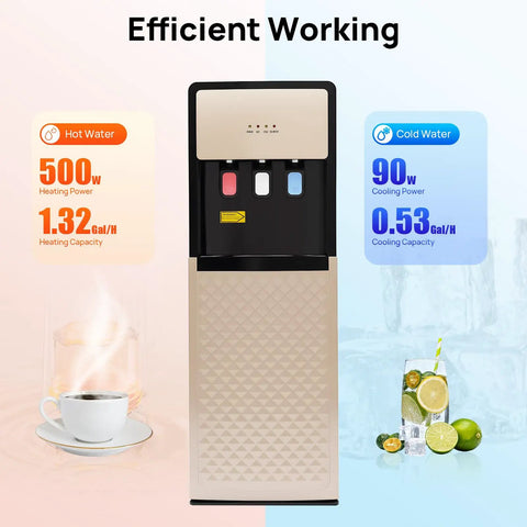Front view of Bottom Loading 5 Gallon Water Dispenser With Hot And Cold Water, showing 3 temperature settings, beige color