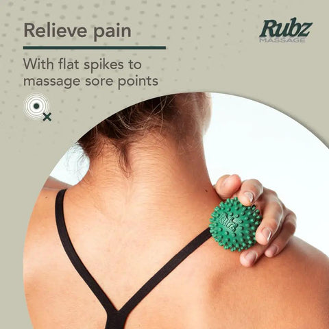 Woman using Foot Rubz Hand And Back Massage Ball For Plantar Fasciitis Pain Relief Sore Feet And Tight Muscles on shoulder