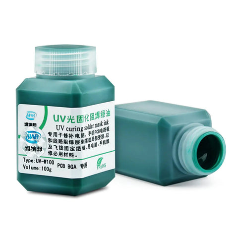 Dope UV Curable Solder Mask For PCBs Green Solder Resist Coating 100g bottle with label and open cap