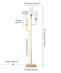 Three Light Torchiere Floor Lamp With White Fabric Shade And Brass Finish, Classic Geometric Metal Base, dimensions shown