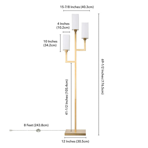 Three Light Torchiere Floor Lamp With White Fabric Shade And Brass Finish, Classic Geometric Metal Base, dimensions shown