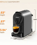 Top Tier Espresso Maker For Nes Pods With 20 Bar Italian Pump And One Touch Brewing 1400 Watt Automatic Coffee Brewer In Sleek Gray with measurements.