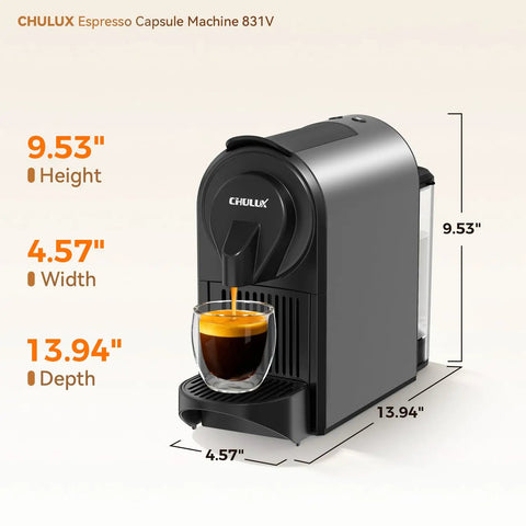 Top Tier Espresso Maker For Nes Pods With 20 Bar Italian Pump And One Touch Brewing 1400 Watt Automatic Coffee Brewer In Sleek Gray with measurements.
