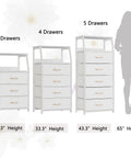 Comparison of 3, 4, and 5 drawer dressers with heights and a silhouette for scale, showing the Tall 4 Drawer Dresser With Wood Top And Sturdy Steel Frame For Bedroom Or Hallway Storage Vertical Storage Nightstand Organizer In White Great For Closets Nurseries And Entryways With Space Saving Design And Easy Setup at center.