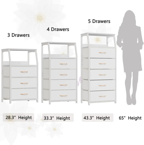 Comparison of 3, 4, and 5 drawer dressers with heights and a silhouette for scale, showing the Tall 4 Drawer Dresser With Wood Top And Sturdy Steel Frame For Bedroom Or Hallway Storage Vertical Storage Nightstand Organizer In White Great For Closets Nurseries And Entryways With Space Saving Design And Easy Setup at center.