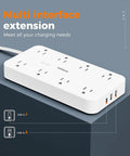 Heavy Duty Power Strip Surge Protector With 6 Ft Flat Plug Extension Cord Eight Widely Spaced Outlets And Quick Charge USB C A Ports shown on a dark surface.