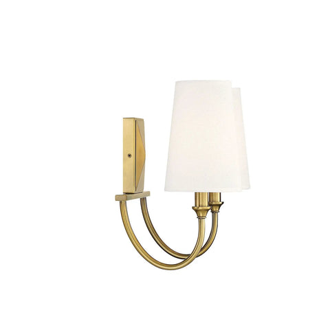 Cameron Modern Farmhouse White Fabric Vanity Wall Light 2-Light Fixture For Bathroom 12 inch high warm brass finish
