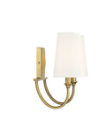 Cameron Modern Farmhouse White Fabric Vanity Wall Light 2-Light Fixture For Bathroom, warm brass finish, side view
