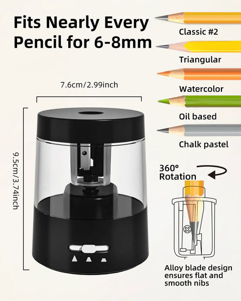 Must Have Electric Pencil Sharpener for Home and School Powered by USB or AA Batteries, Adjustable 6 to 8 Mm Blades, Sleek Black, Fast Sharpening, Mess Reducing, Portable and Easy to Use for Kids and Adults.