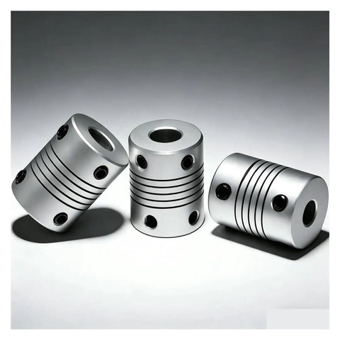 Top Tier Flexible Jaw Shaft Coupling D19 By L25 Inches With 3/6.35/8/10mm Bore Fits Stepper Motors And Encoder Gear For Engraving Machines In Great Condition! Silver aluminum couplings displayed in different angles.