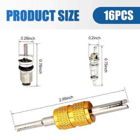 AC Retrofit Valve Kit Pack Of 16 For Refrigeration Systems With sizes shown and valve tool in multicolor