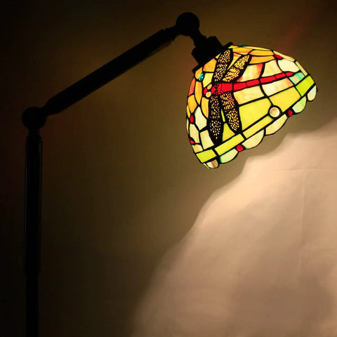 Tiffany Style Stained Glass Floor Lamp Dragonfly Vibe in Green and Red 72 Inch Tall with Swivel Reading Arm arched detail