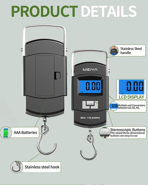 Dope Digital Fishing Scale With Backlit LCD, 110Lb/50Kg Capacity, showing stainless steel hook and handle, AAA batteries included.