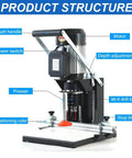 Woodworking hinge drilling machine, Amazon, 1100W, 2840 RPM, 0–40 mm bore, side view with ruler and stop block