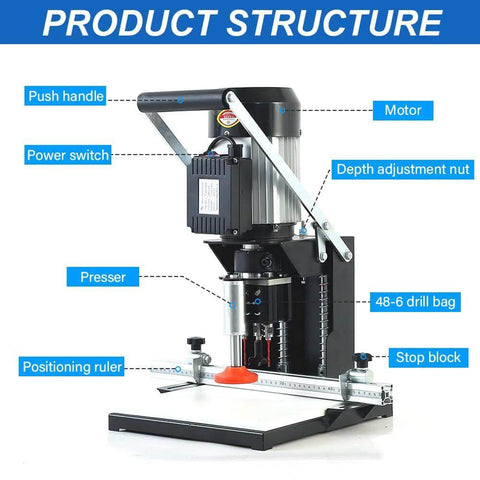 Woodworking hinge drilling machine, Amazon, 1100W, 2840 RPM, 0–40 mm bore, side view with ruler and stop block