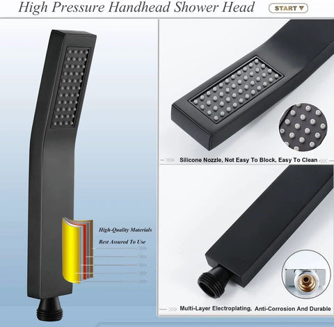 High Pressure Shower Head With Handheld And 8 Inch Rain Shower Head Brass Combo 78 Inch Hose Anti Leak All Metal Brass Construction Rust Free Durable Square Black Holder Easy Adhesive Mount, showing black handheld shower head with silicone nozzles, side view