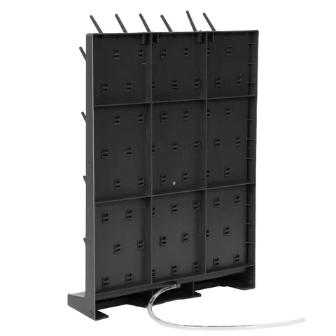Heavy Duty Lab Drying Rack With 52 Removable Pegs Polypropylene Glassware Bottle Drainer back view showing drain tube and sturdy design.