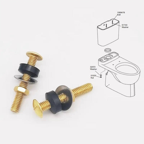 Heavy Duty Split Toilet Tank Fastener Kit With Rustproof Gasket And Secure Seal For Split Toilet Systems General Mounting Hardware Built Tough And DIY Friendly Replacement Parts, brass bolts and black gasket washers
