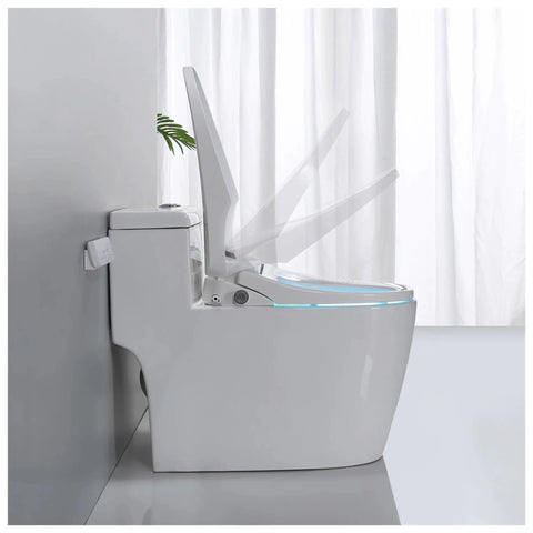 Super Plush Heated Toilet Seat With Auto Opening Bidet Lid Smart Ambient Night Light Short V Shape Design viewed from the side with lid open.