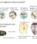 Instructions for wearing One-Piece Adjustable Adult Bike Helmet For Men And Women, size measuring and fitting guide illustration