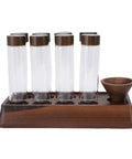 Slay Your Kitchen Game With This Top Shelf Airtight Coffee Bean Cellar Featuring Durable Walnut Wood And Sleek Glass Tubes To Lock In Peak Freshness For Serious Baristas showcases a wooden stand with glass tubes.