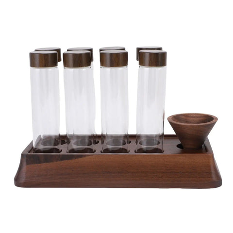 Slay Your Kitchen Game With This Top Shelf Airtight Coffee Bean Cellar Featuring Durable Walnut Wood And Sleek Glass Tubes To Lock In Peak Freshness For Serious Baristas showcases a wooden stand with glass tubes.