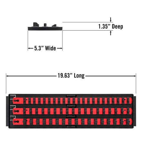 Dimensions of 18 Inch Socket Boss Organizer With Twist Lock Clips, Premium 3 Rail Multi-Drive Socket Holder For 1/4 3/8 1/2 Inch Sockets, Holds 57 Tools, SAE And Metric, Red, Made In USA shown