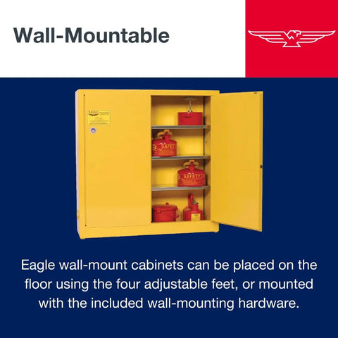 Twenty Four Gallon Fire Rated Flammable Storage Cabinet Self Closing Shop Grade Tank For Secure Chemical Control Made In Usa Heavy Duty Wall Mount Setup For Real Trade Use, yellow wall-mountable cabinet with shelves and safety containers.